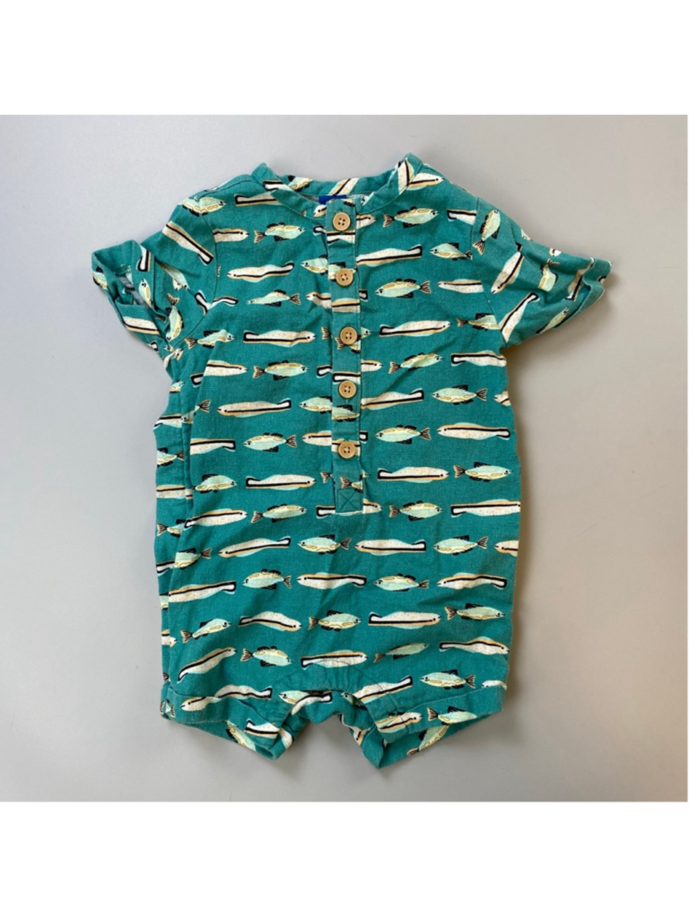 Baby Romper 12-18 Months Old Navy Linen Teal Fish Print Whimsical Summer Preppy